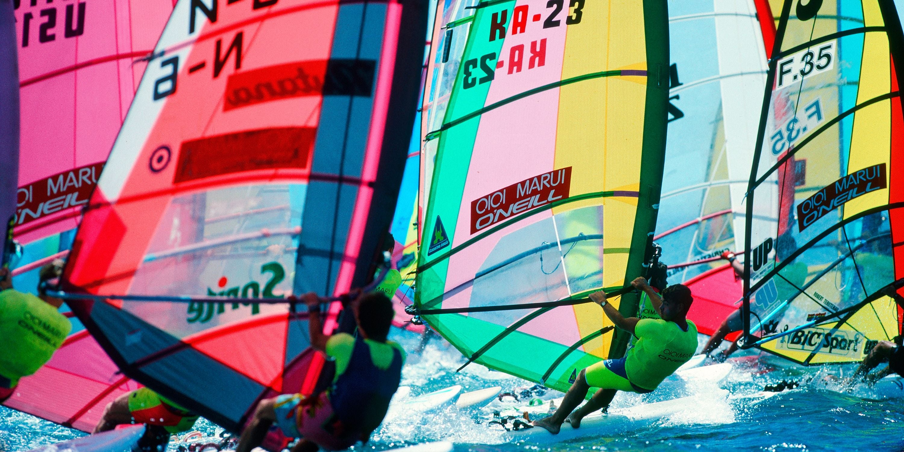 the start of a windsurf race in 1980 vintage windsurf